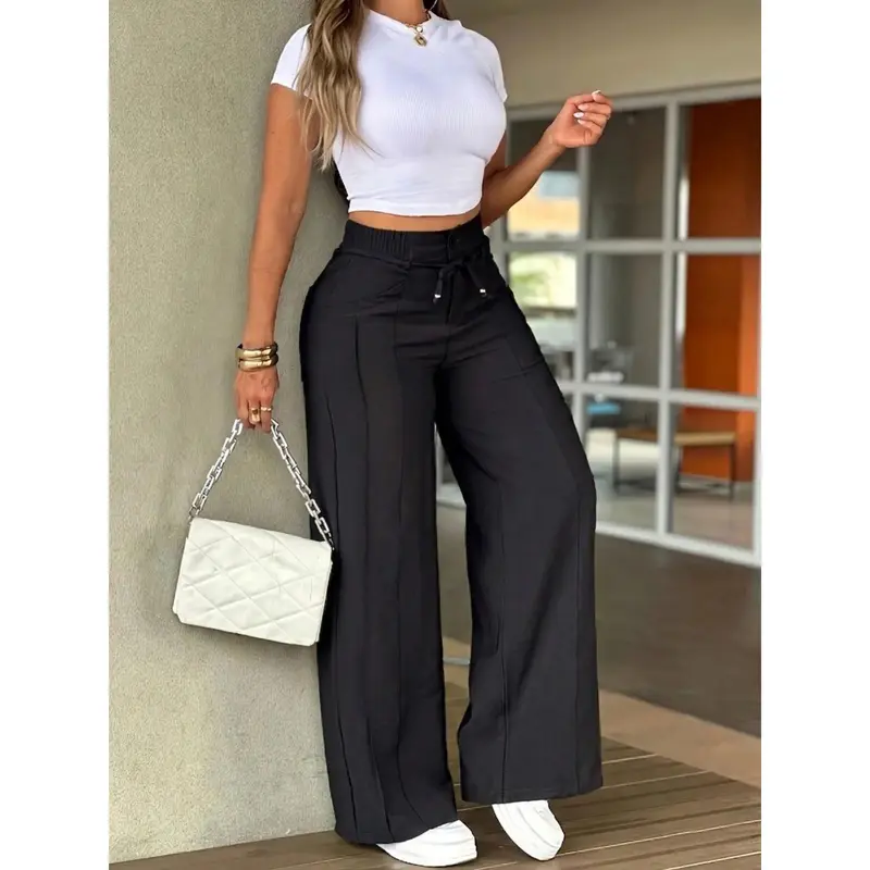 Pantalones de mujer de pierna ancha, cintura alta elástica, corte recto, para todas las estaciones, holgados, ideales para oficina y citas